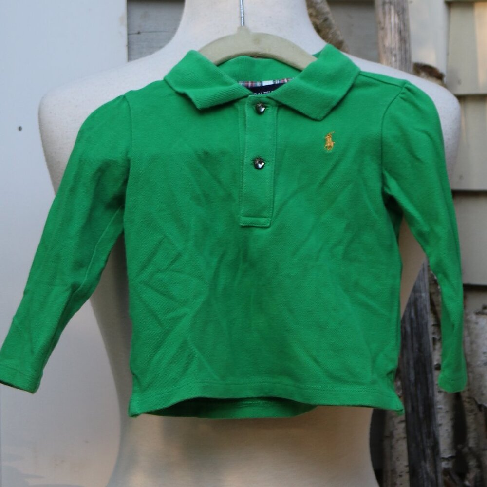 Ralph Lauren Kids Girl's Green Crystal Button Cotton Pique Polo Shirt Sz 18 Mo